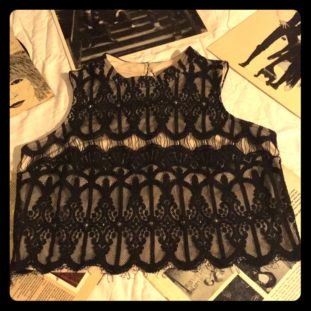 Nude and black lace crop top